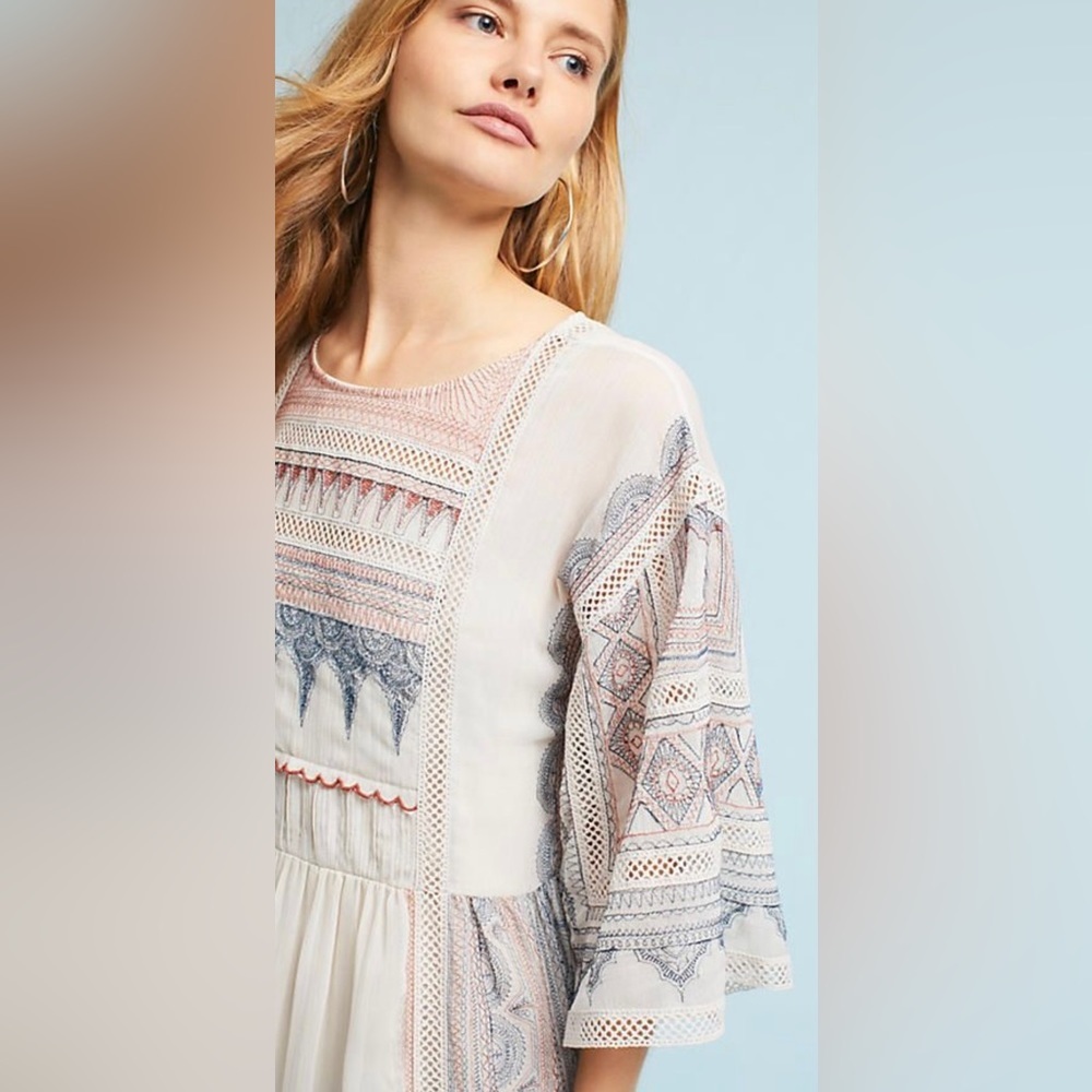 Anthropologie Maeve Toronto Womens Boho Embroider Peasant Midi Dress Bell Sleeve - Picture 13 of 13
